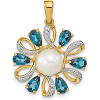 14K Yellow Gold Pendant with 6-7mm Freshwater Cultured Pearl, London Blue Topaz, and Diamond Accents - 1.52 Carat Total Gem Weight by Monteluci Fine Jewelry