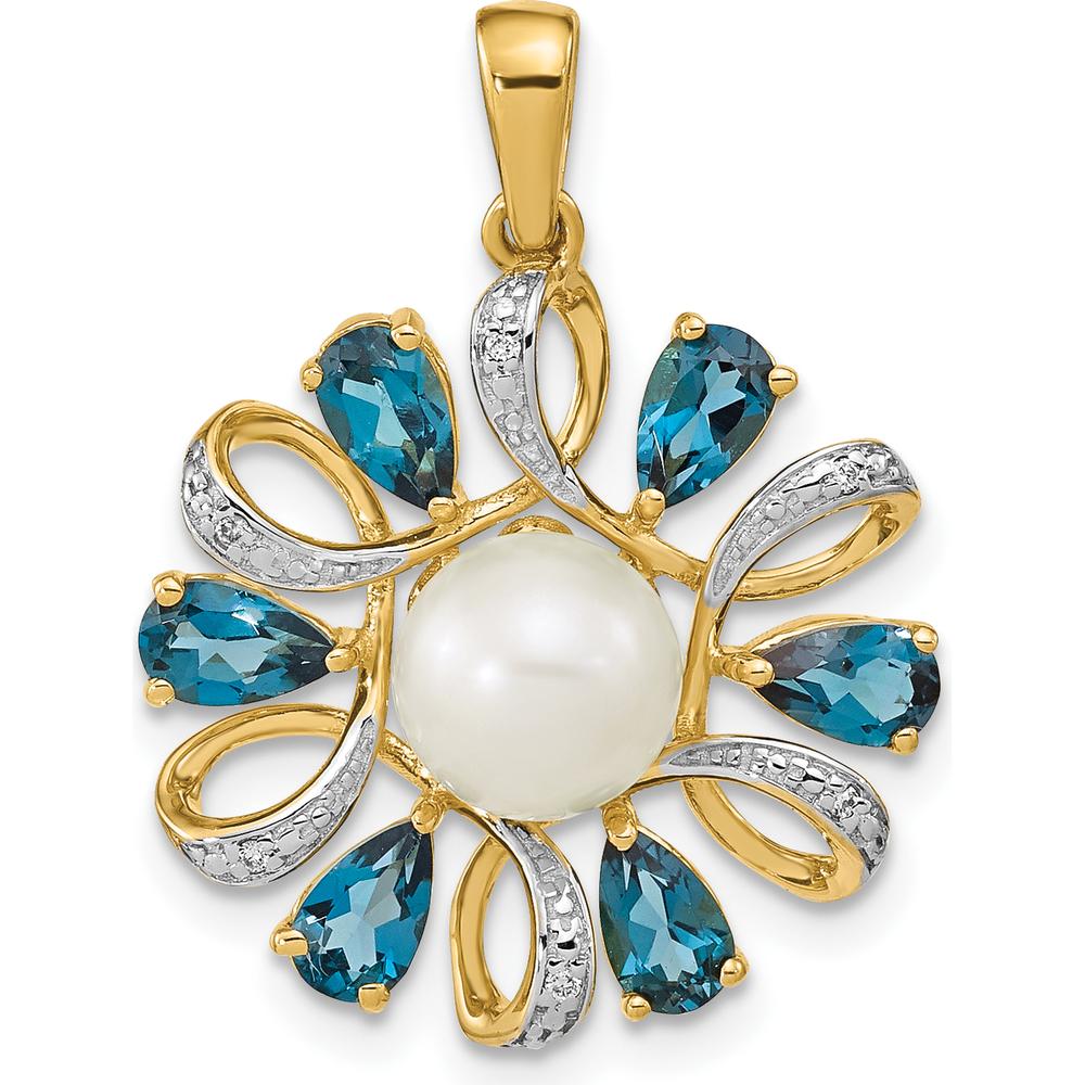 14K Yellow Gold Pendant with 6-7mm Freshwater Cultured Pearl, London Blue Topaz, and Diamond Accents - 1.52 Carat Total Gem Weight by Monteluci Fine Jewelry
