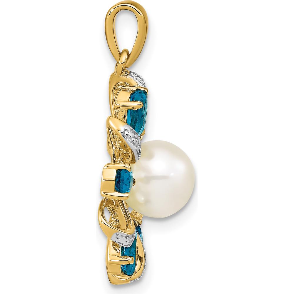 14K Yellow Gold Pendant with 6-7mm Freshwater Cultured Pearl, London Blue Topaz, and Diamond Accents - 1.52 Carat Total Gem Weight by Monteluci Fine Jewelry