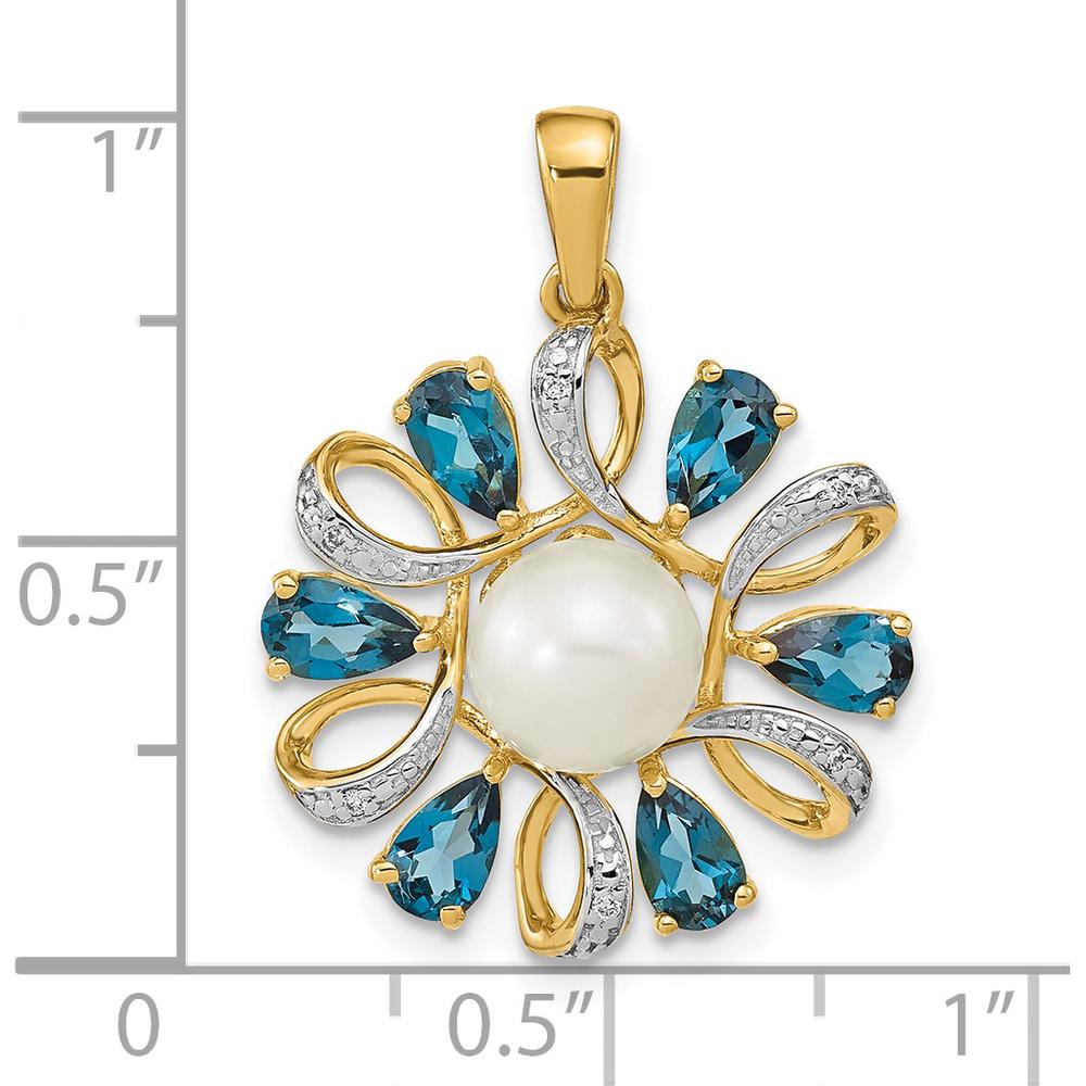 14K Yellow Gold Pendant with 6-7mm Freshwater Cultured Pearl, London Blue Topaz, and Diamond Accents - 1.52 Carat Total Gem Weight by Monteluci Fine Jewelry