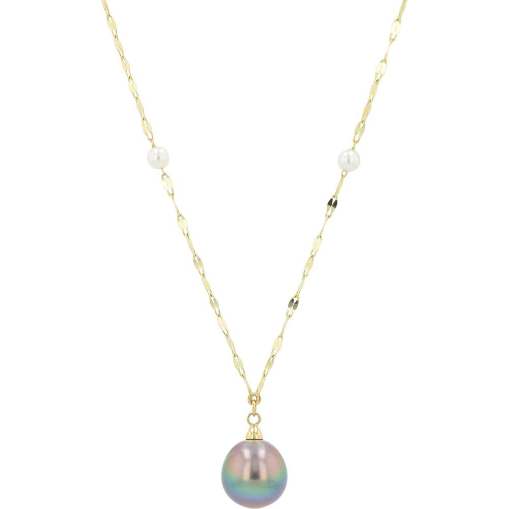 14K Yellow Gold Pendant with 9.7mm Tahitian & Akoya Pearls