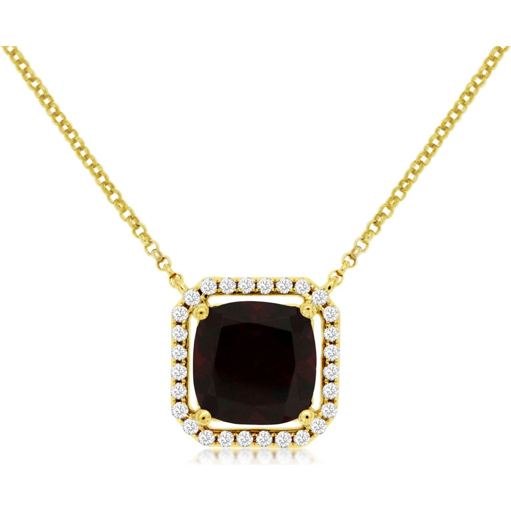 14K Yellow Gold Pendant with Cushion-Cut Garnet and Round Diamond Halo - 2.70 Carat Garnet and 0.14 Carat Total Diamond Weight - Royal Jewelry