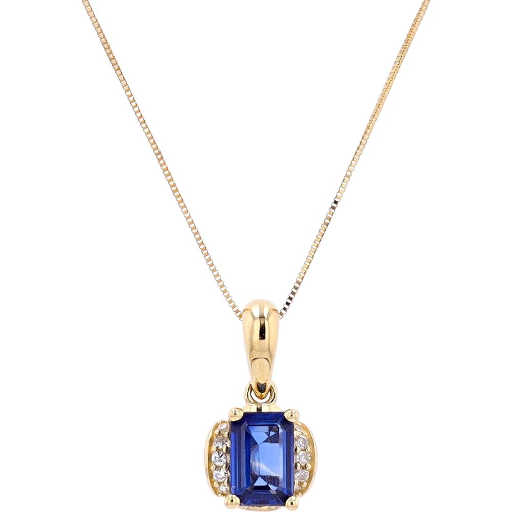 14K Yellow Gold Pendant with Emerald-Cut Blue Sapphire and Diamond Accents - 0.03 Carats Total Diamond Weight
