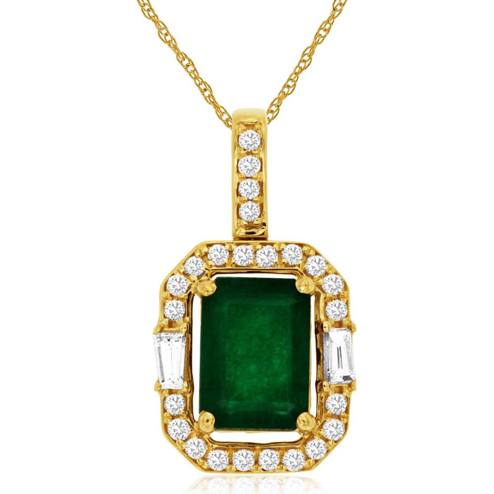 14K Yellow Gold Pendant with Emerald Cut Emerald and Diamond Halo - 1.60 Carat Emerald, 0.27 Carat Total Diamond Weight - Royal Jewelry