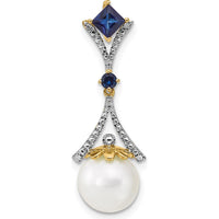 14K Yellow Gold Pendant with Freshwater Cultured Pearl, Lab Created Sapphire, and Diamond Accents - 0.40 Carat Total Sapphire Weight by Monteluci Fine Jewelry