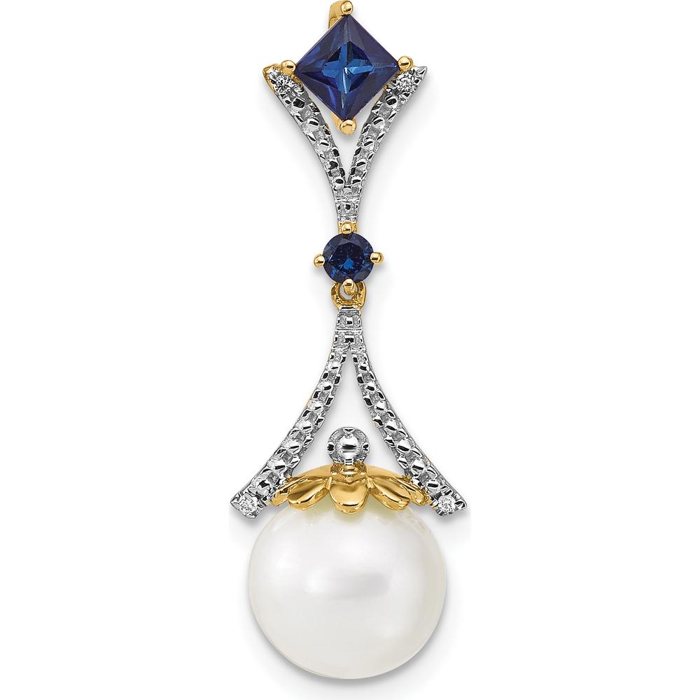 14K Yellow Gold Pendant with Freshwater Cultured Pearl, Lab Created Sapphire, and Diamond Accents - 0.40 Carat Total Sapphire Weight by Monteluci Fine Jewelry