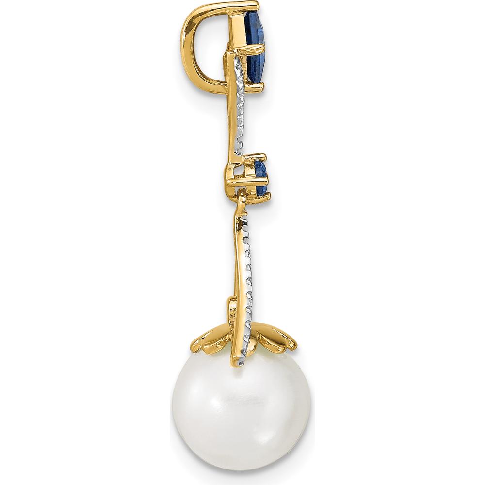 14K Yellow Gold Pendant with Freshwater Cultured Pearl, Lab Created Sapphire, and Diamond Accents - 0.40 Carat Total Sapphire Weight by Monteluci Fine Jewelry