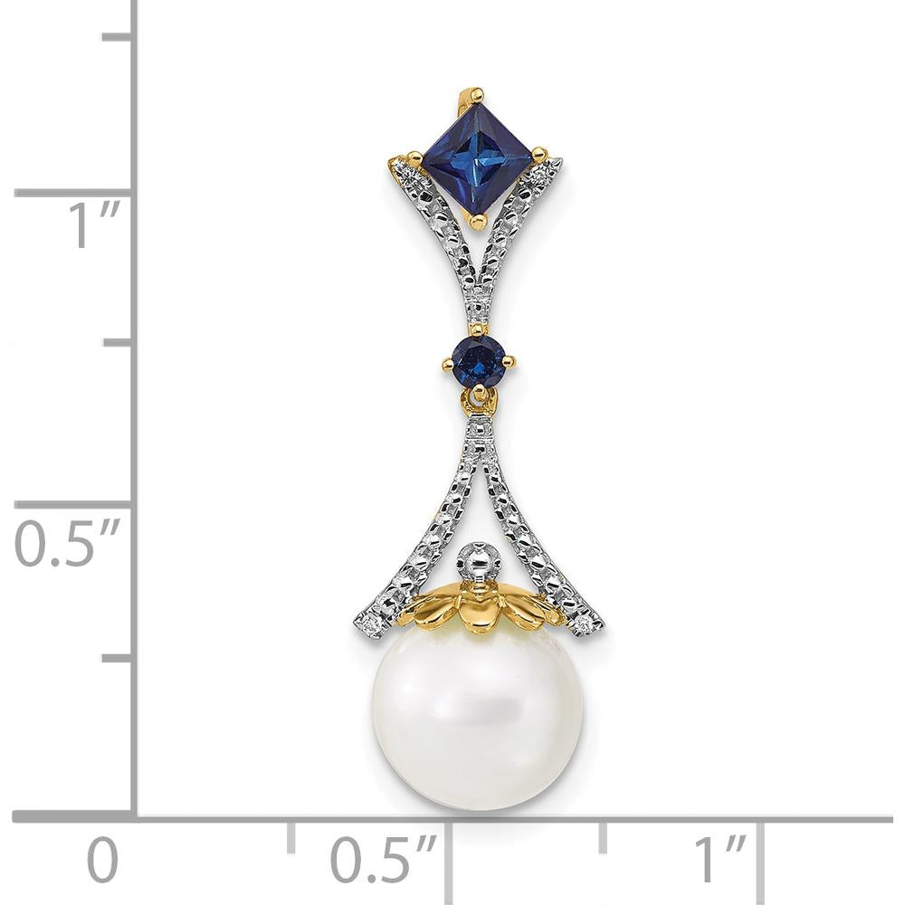 14K Yellow Gold Pendant with Freshwater Cultured Pearl, Lab Created Sapphire, and Diamond Accents - 0.40 Carat Total Sapphire Weight by Monteluci Fine Jewelry
