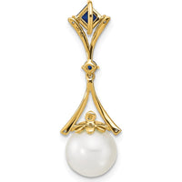 14K Yellow Gold Pendant with Freshwater Cultured Pearl, Lab Created Sapphire, and Diamond Accents - 0.40 Carat Total Sapphire Weight by Monteluci Fine Jewelry