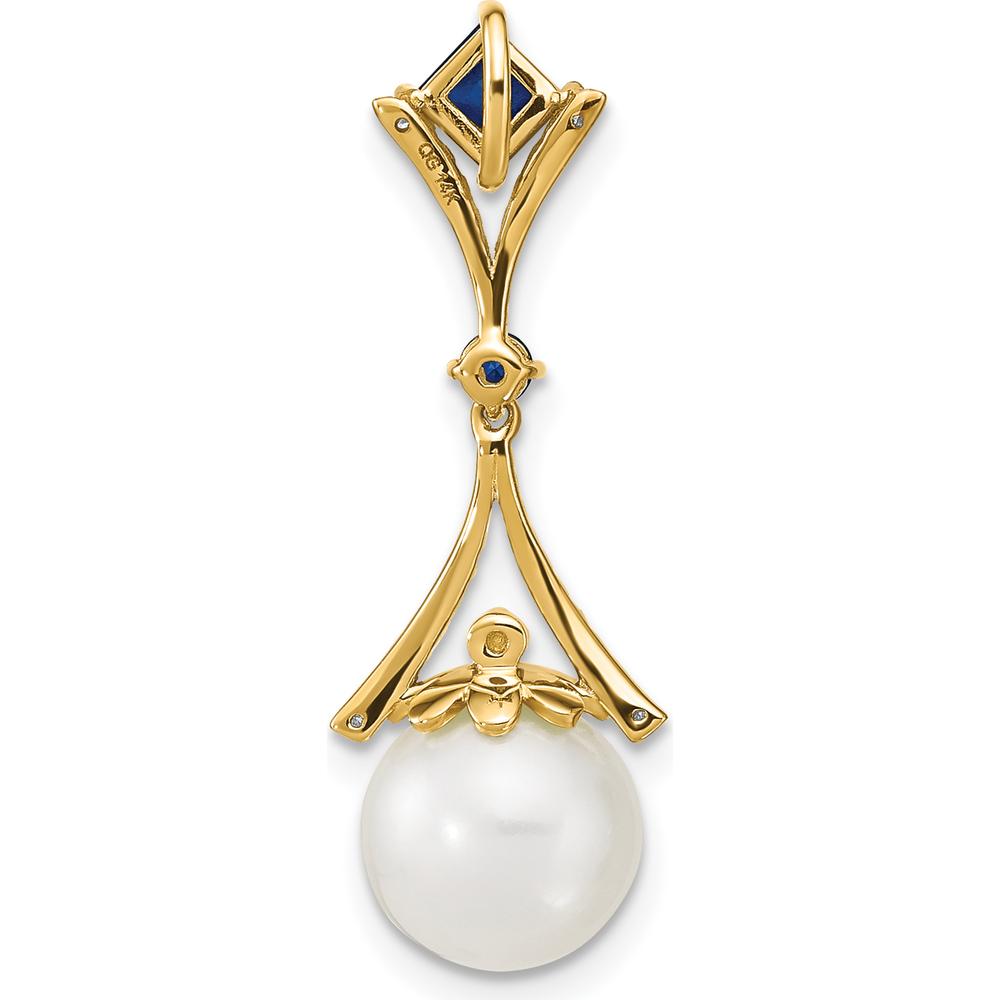 14K Yellow Gold Pendant with Freshwater Cultured Pearl, Lab Created Sapphire, and Diamond Accents - 0.40 Carat Total Sapphire Weight by Monteluci Fine Jewelry
