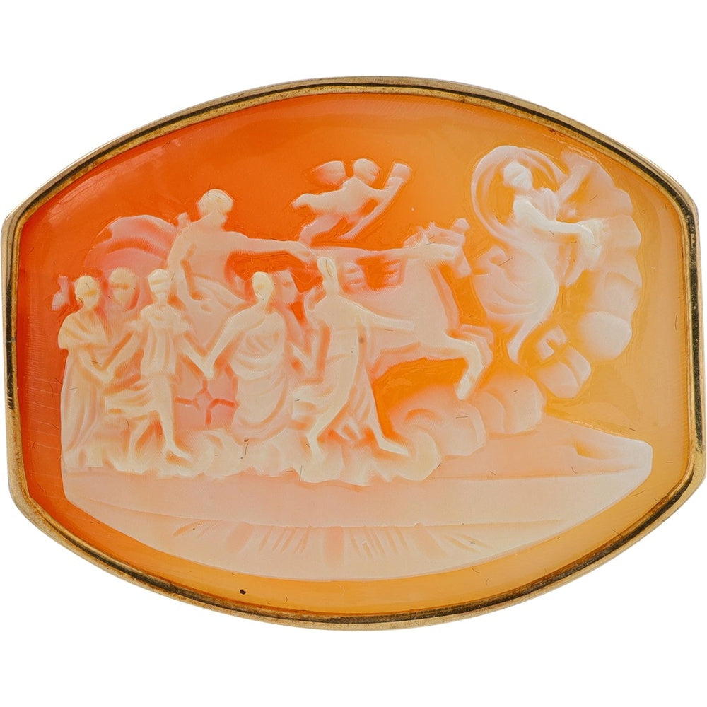 14K Yellow Gold Pendant with Hand-Carved Mythological Shell Cameo Featuring Winged Horse and Classical Figures
