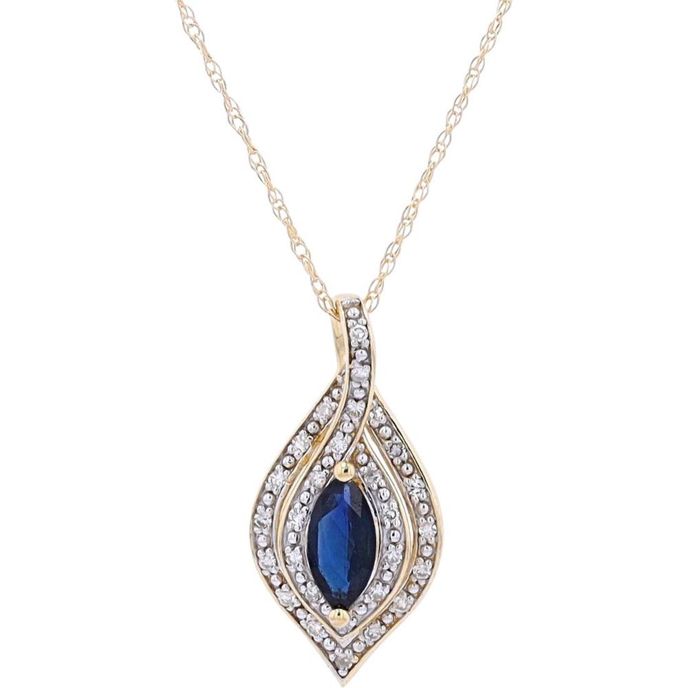 14K Yellow Gold Pendant with Marquise-Cut Sapphire and Diamond Halo - 0.08 Carats Total Diamond Weight