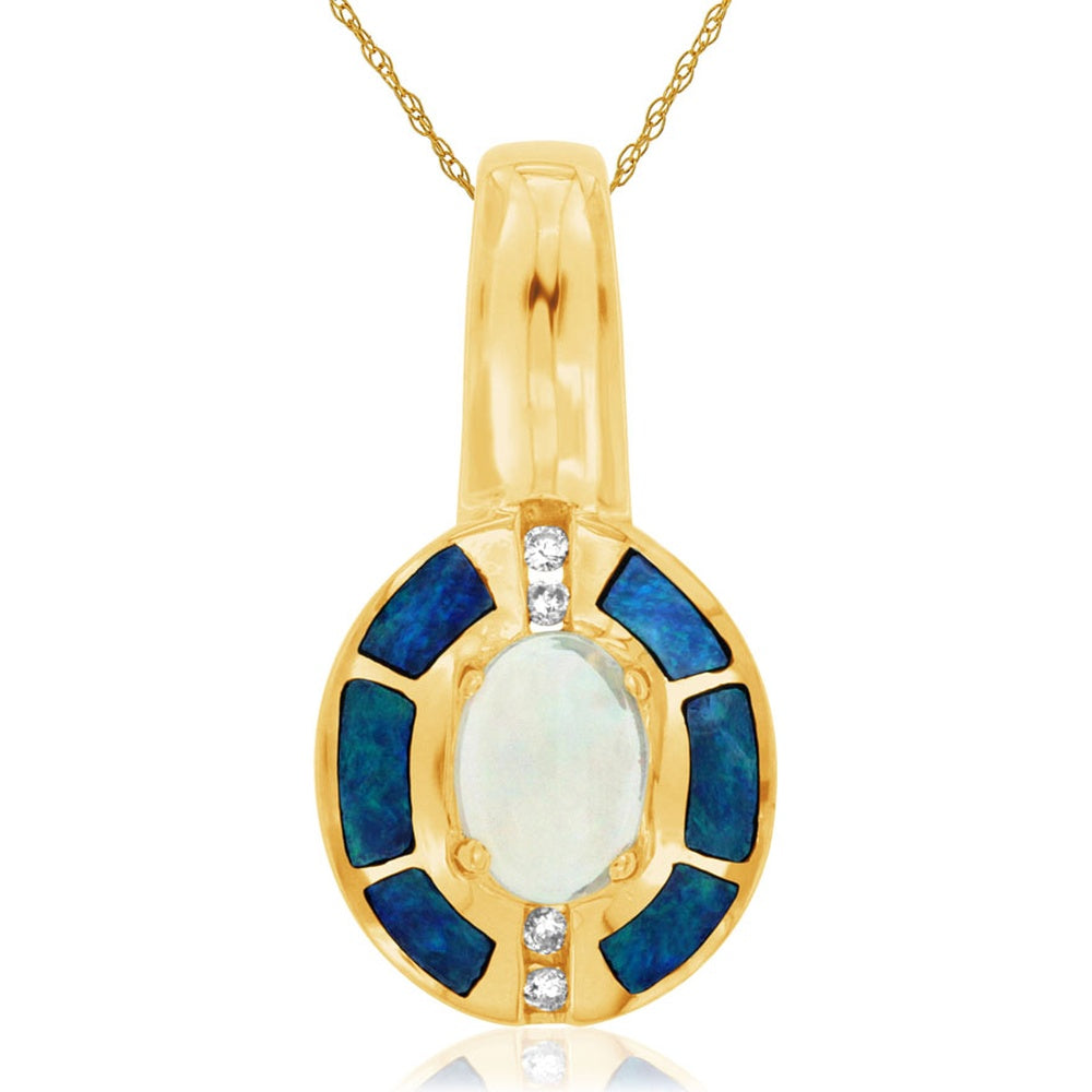 14K Yellow Gold Pendant with Oval 0.50 Carat Opal and Round Diamond Accents - 0.04 Carat Total Diamond Weight - Royal Jewelry