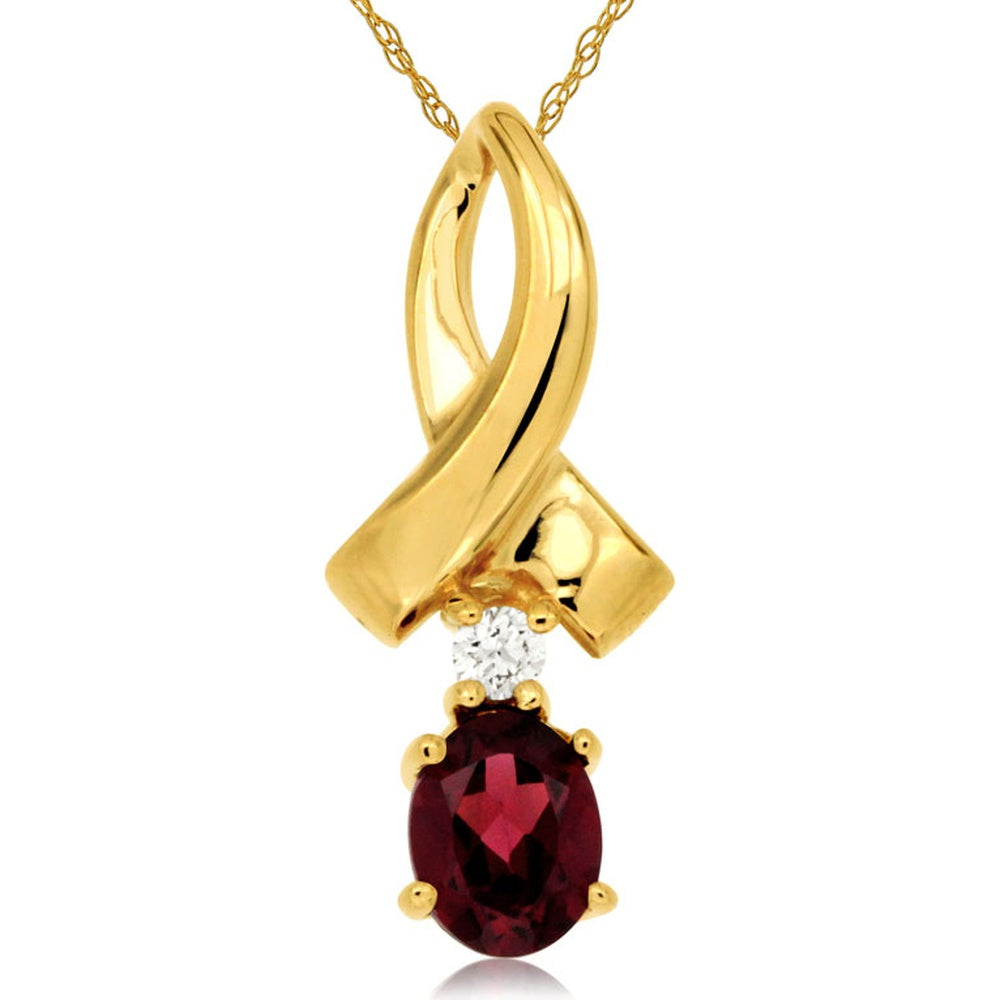 14K Yellow Gold Pendant with Oval Rhodolite and Round Diamond Accent - 0.45 Carat Rhodolite and 0.03 Carat Diamond Total Weight - Royal Jewelry