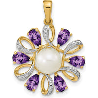 14K Yellow Gold Pendant with Pear-Shaped Amethyst, Round Diamonds, and Freshwater Cultured Pearl - 1.5 Carat Total Amethyst Weight by Oro Pregiato