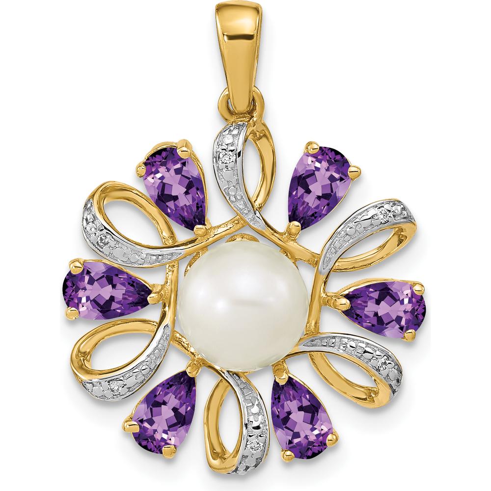 14K Yellow Gold Pendant with Pear-Shaped Amethyst, Round Diamonds, and Freshwater Cultured Pearl - 1.5 Carat Total Amethyst Weight by Oro Pregiato