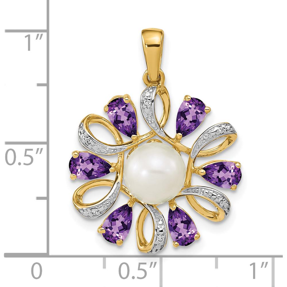 14K Yellow Gold Pendant with Pear-Shaped Amethyst, Round Diamonds, and Freshwater Cultured Pearl - 1.5 Carat Total Amethyst Weight by Oro Pregiato