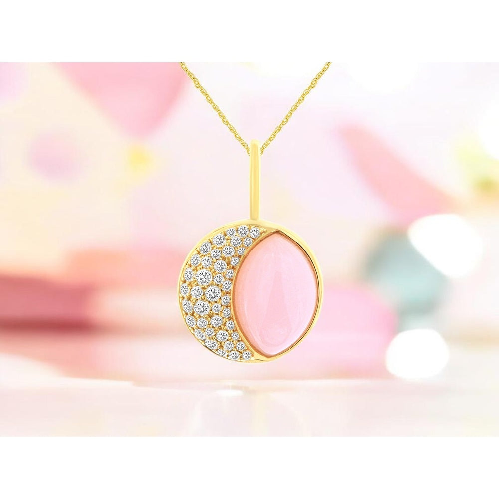 14K Yellow Gold Pendant with Pink Mother of Pearl Crescent and Pave-Set Round Diamonds - 0.24 Carat Total Diamond Weight - Royal Jewelry