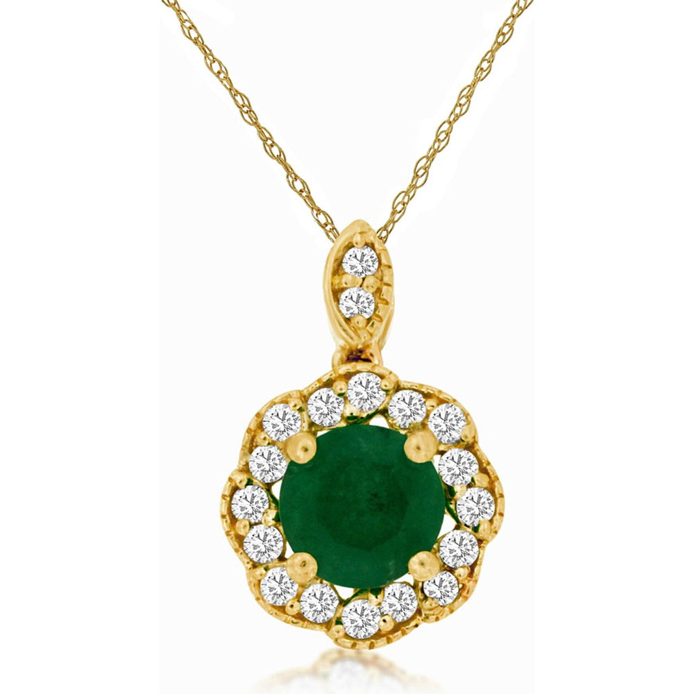 14K Yellow Gold Pendant with Round-Cut Emerald and Diamond Halo - 0.60 Carat Emerald and 0.16 Carat Total Diamond Weight - Royal Jewelry