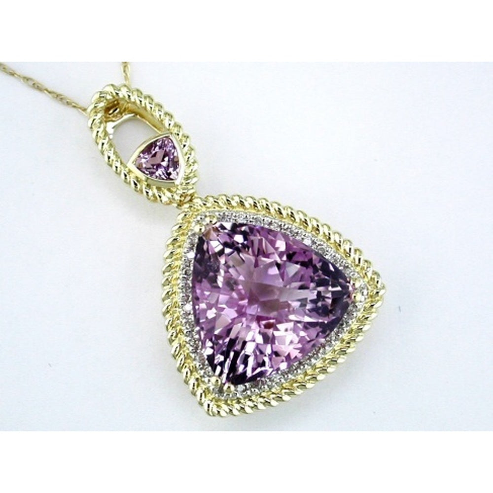 14K Yellow Gold Pendant with Trillion-Cut Amethyst and Diamond Halo - 11.00 Carat Amethyst and 0.16 Carat Total Diamond Weight - Royal Jewelry