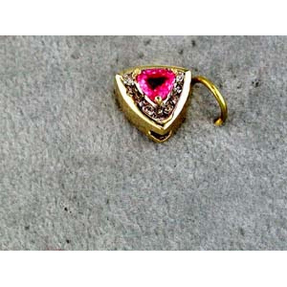 14K Yellow Gold Pendant with Trillion Cut Pink Sapphire and Round Diamonds - 0.35 Carat Pink Sapphire & 0.12 Carat Total Diamond Weight - Royal Jewelry