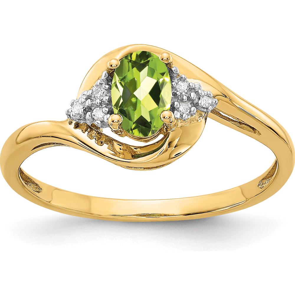 14K Yellow Gold Peridot and Diamond 3-Stone Ring with Prong Set Oval Peridot - 0.45 Carat Peridot, 0.018 Carat Total Diamond Weight by Oro Pregiato