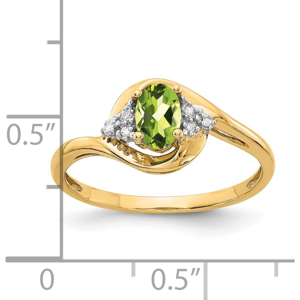 14K Yellow Gold Peridot and Diamond 3-Stone Ring with Prong Set Oval Peridot - 0.45 Carat Peridot, 0.018 Carat Total Diamond Weight by Oro Pregiato
