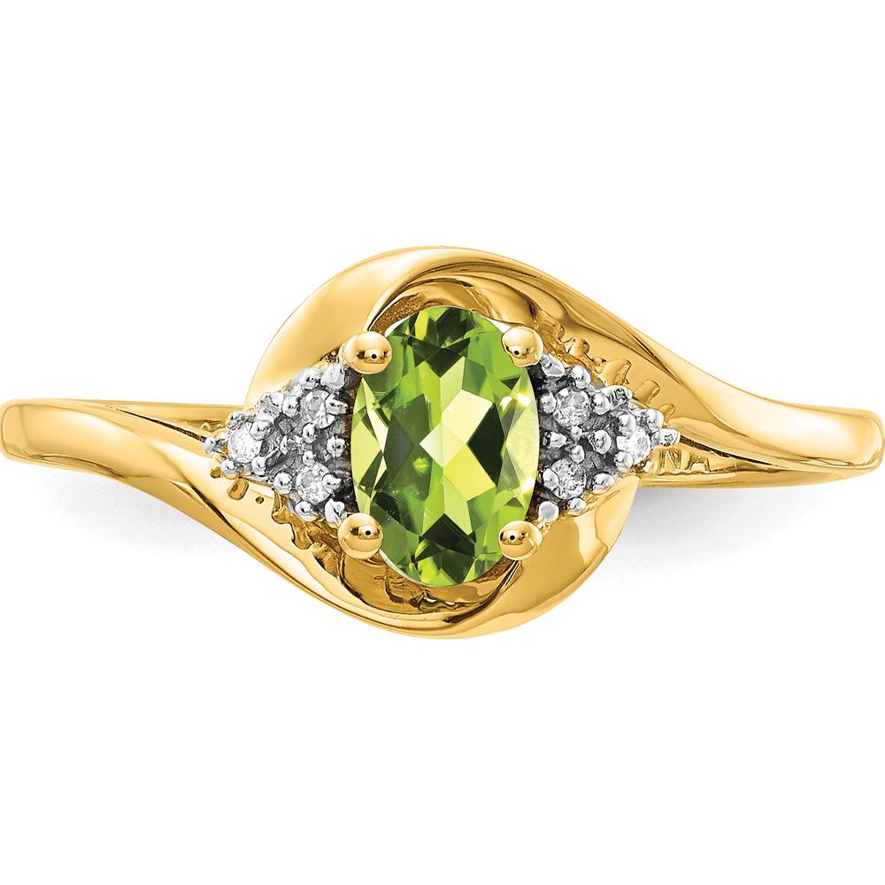 14K Yellow Gold Peridot and Diamond 3-Stone Ring with Prong Set Oval Peridot - 0.45 Carat Peridot, 0.018 Carat Total Diamond Weight by Oro Pregiato
