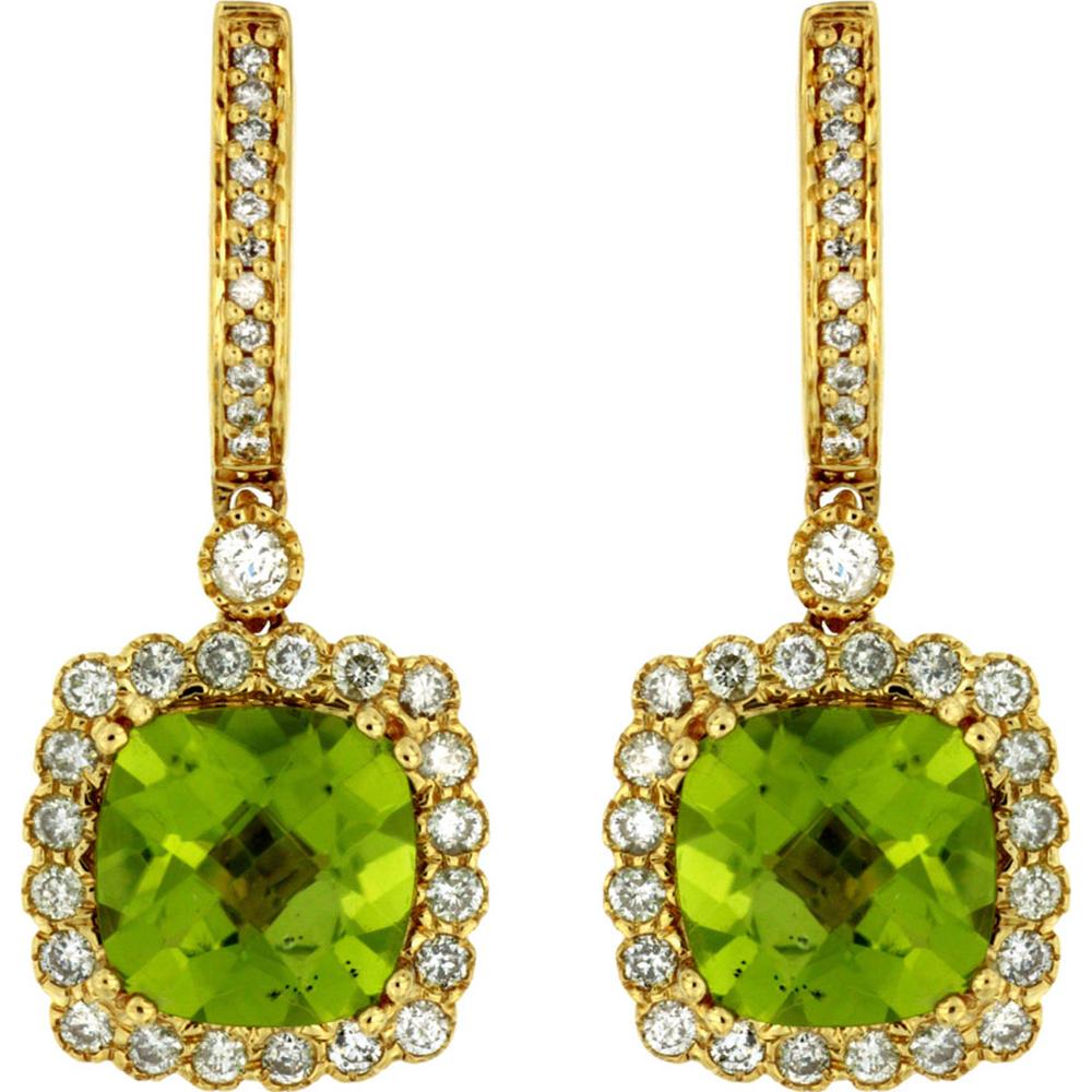 14K Yellow Gold Peridot and Diamond Cushion Cut Halo Earrings - 4.10 Carats Total Peridot Weight