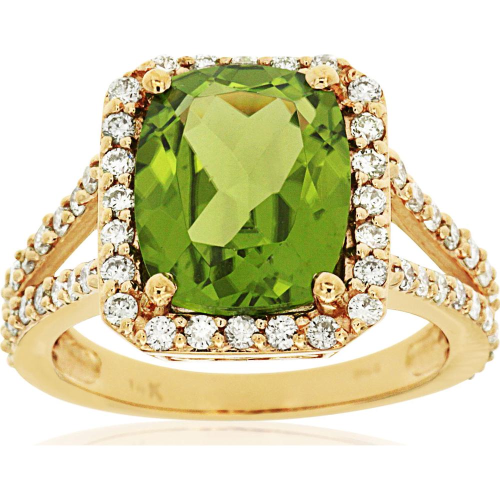14K Yellow Gold Peridot & Diamond Cushion Cut Halo Ring - 4.25 Carats Peridot, 1.00 Carats Diamond Weight