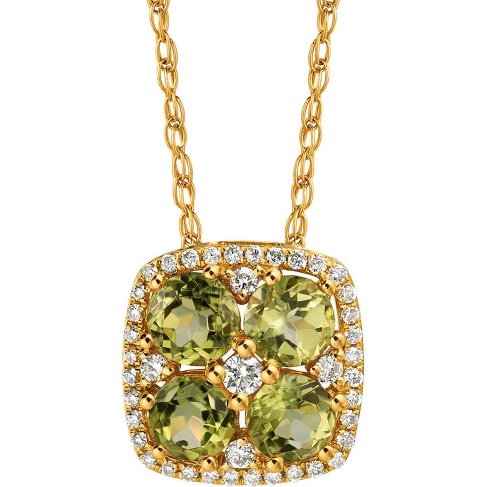 14K Yellow Gold Peridot and Diamond Cushion Halo Pendant with Round Peridot Gemstones - 1.20 Carat Total Peridot Weight and 0.18 Carat Total Diamond Weight - Royal Jewelry