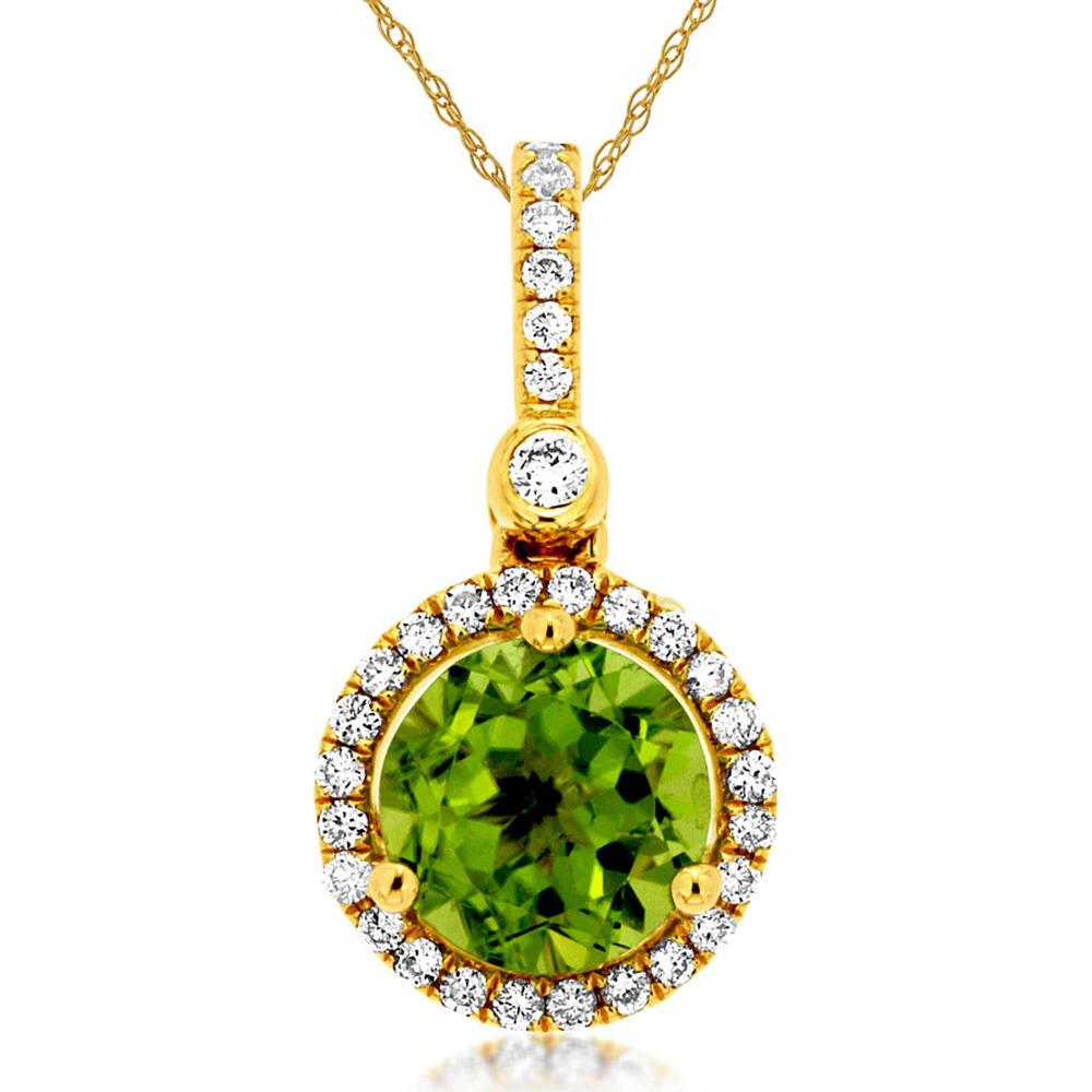 14K Yellow Gold Peridot and Diamond Halo Pendant Necklace with Round Cut Gemstone - 1.10 Carat Peridot and 0.18 Carat Total Diamond Weight - Royal Jewelry