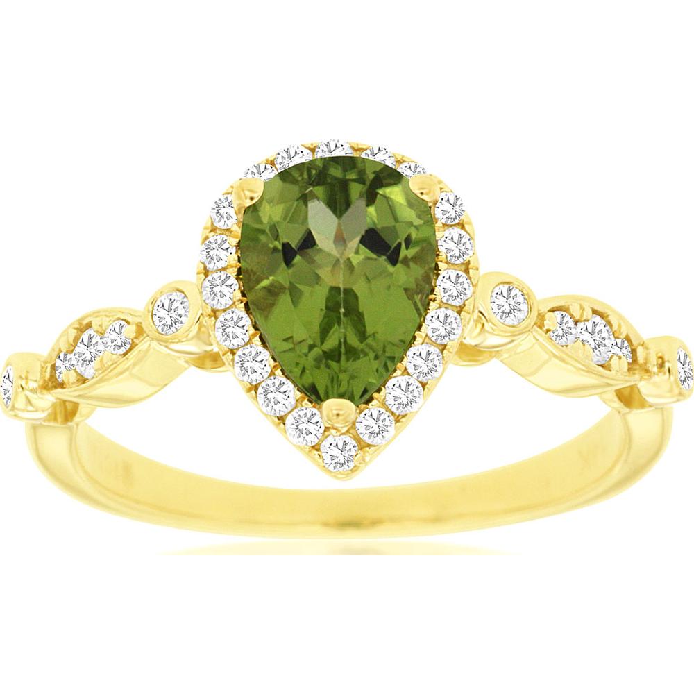 14K Yellow Gold Peridot & Diamond Halo Ring - 1.25 Carats Total Gem Weight