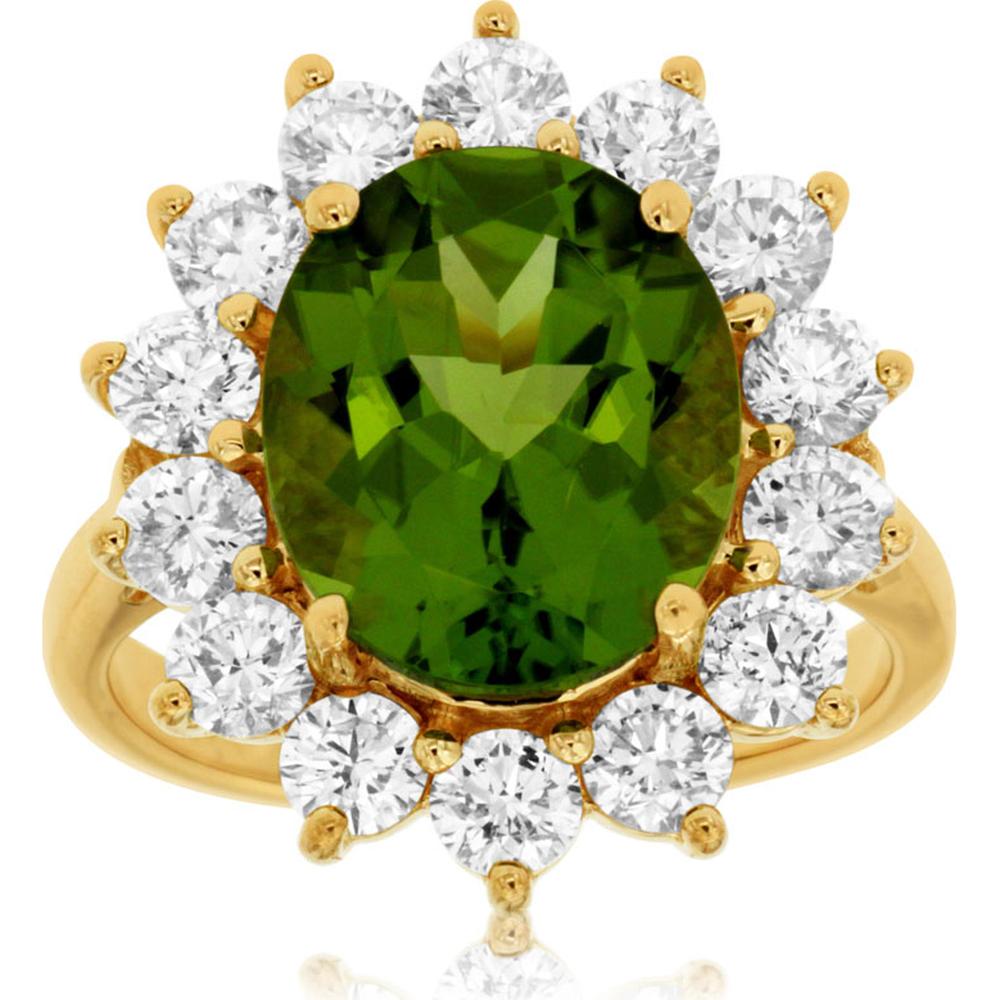 14K Yellow Gold Peridot & Diamond Halo Ring - 6.70 Carats Total Gem Weight