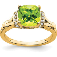 14K Yellow Gold Peridot and Diamond Ring with Cushion Cut Peridot - 2.204 Carat Peridot Weight, 0.13 Carat Total Diamond Weight by 0
