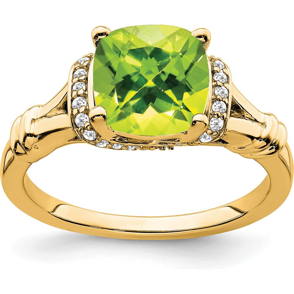14K Yellow Gold Peridot and Diamond Ring with Cushion Cut Peridot - 2.204 Carat Peridot Weight, 0.13 Carat Total Diamond Weight by 0