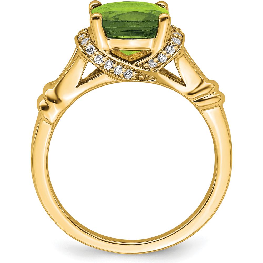 14K Yellow Gold Peridot and Diamond Ring with Cushion Cut Peridot - 2.204 Carat Peridot Weight, 0.13 Carat Total Diamond Weight by 0