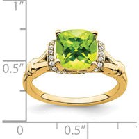 14K Yellow Gold Peridot and Diamond Ring with Cushion Cut Peridot - 2.204 Carat Peridot Weight, 0.13 Carat Total Diamond Weight by 0