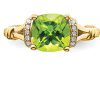 14K Yellow Gold Peridot and Diamond Ring with Cushion Cut Peridot - 2.204 Carat Peridot Weight, 0.13 Carat Total Diamond Weight by 0