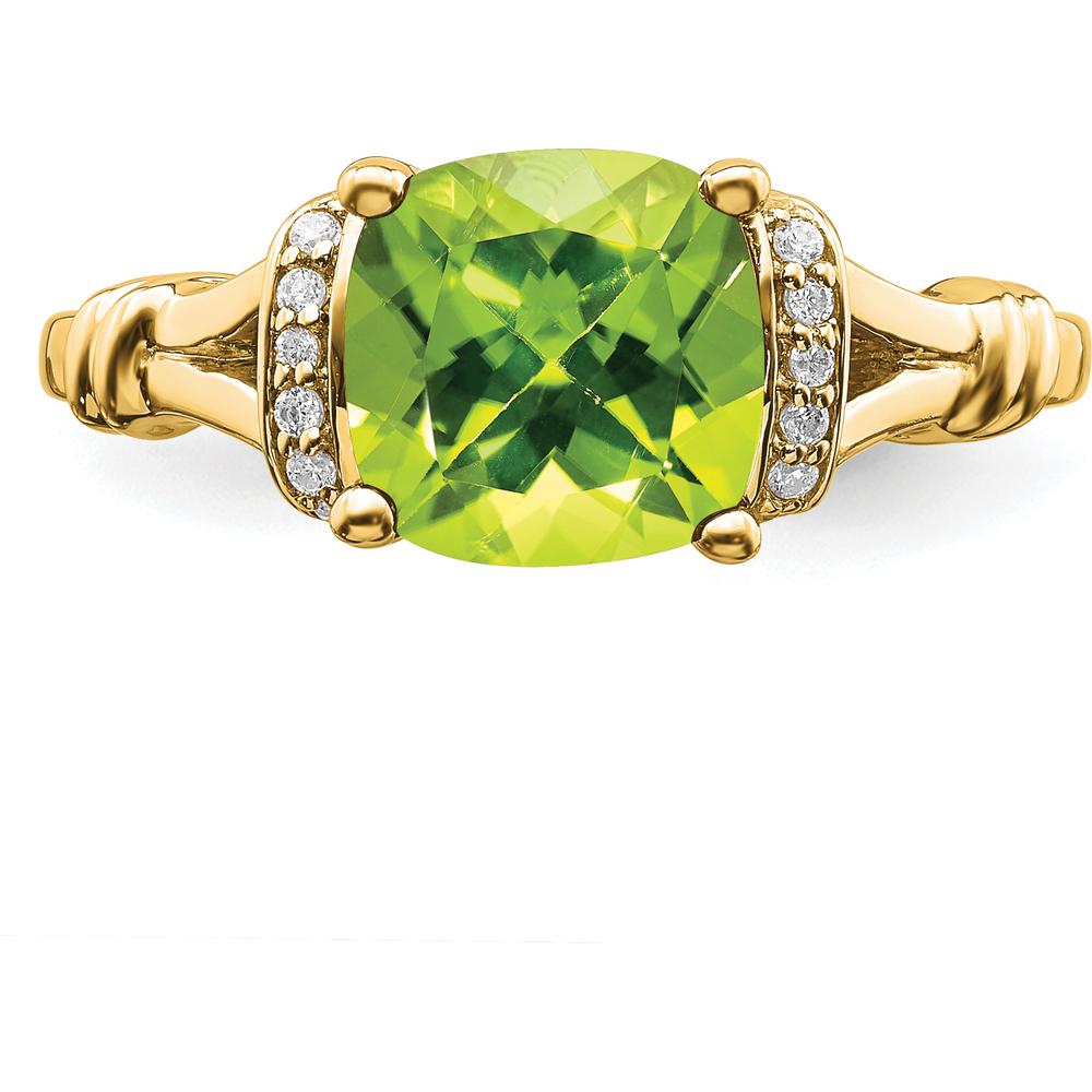 14K Yellow Gold Peridot and Diamond Ring with Cushion Cut Peridot - 2.204 Carat Peridot Weight, 0.13 Carat Total Diamond Weight by 0