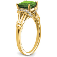 14K Yellow Gold Peridot and Diamond Ring with Cushion Cut Peridot - 2.204 Carat Peridot Weight, 0.13 Carat Total Diamond Weight by 0
