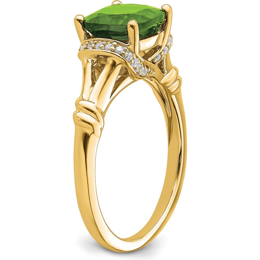 14K Yellow Gold Peridot and Diamond Ring with Cushion Cut Peridot - 2.204 Carat Peridot Weight, 0.13 Carat Total Diamond Weight by 0