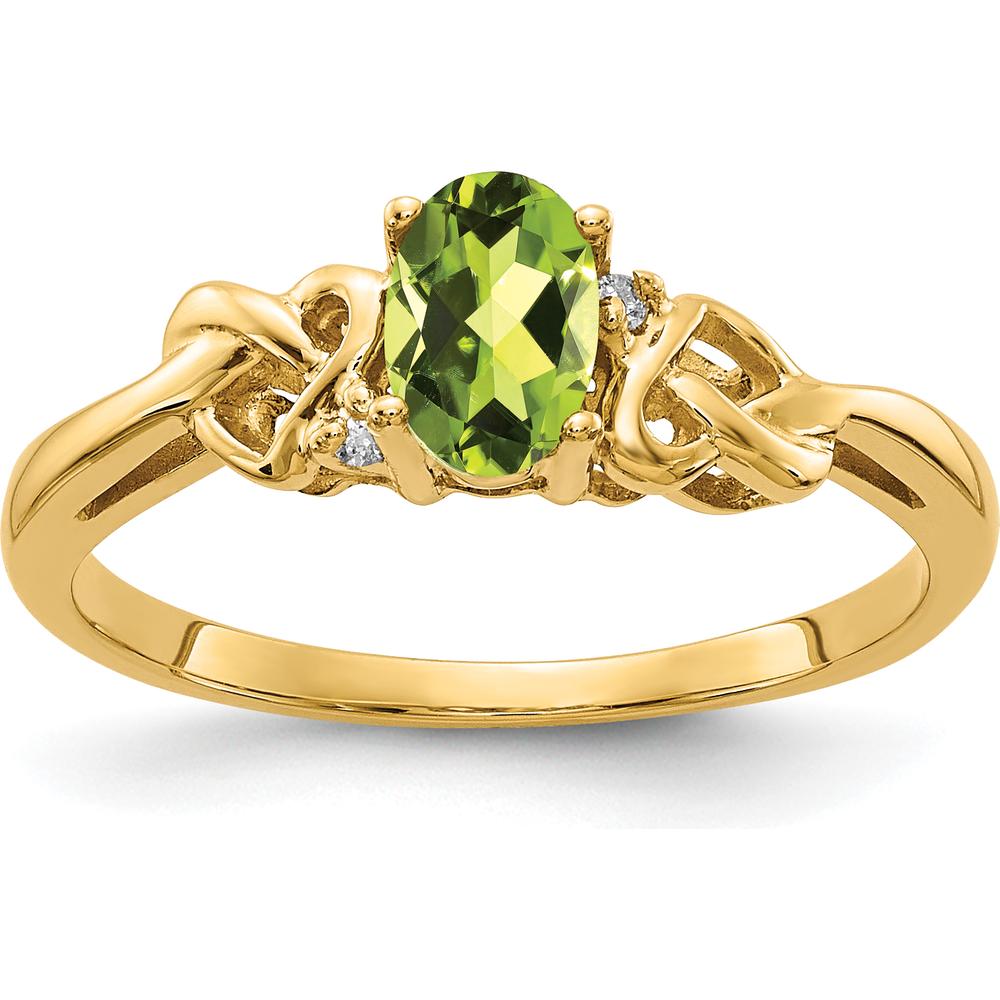 14K Yellow Gold Peridot & Diamond Ring with Oval Peridot - 0.45 Carat Total Peridot Weight, 2 Round Diamonds - 0.016 Carat Total Diamond Weight by Monteluci Fine Jewelry