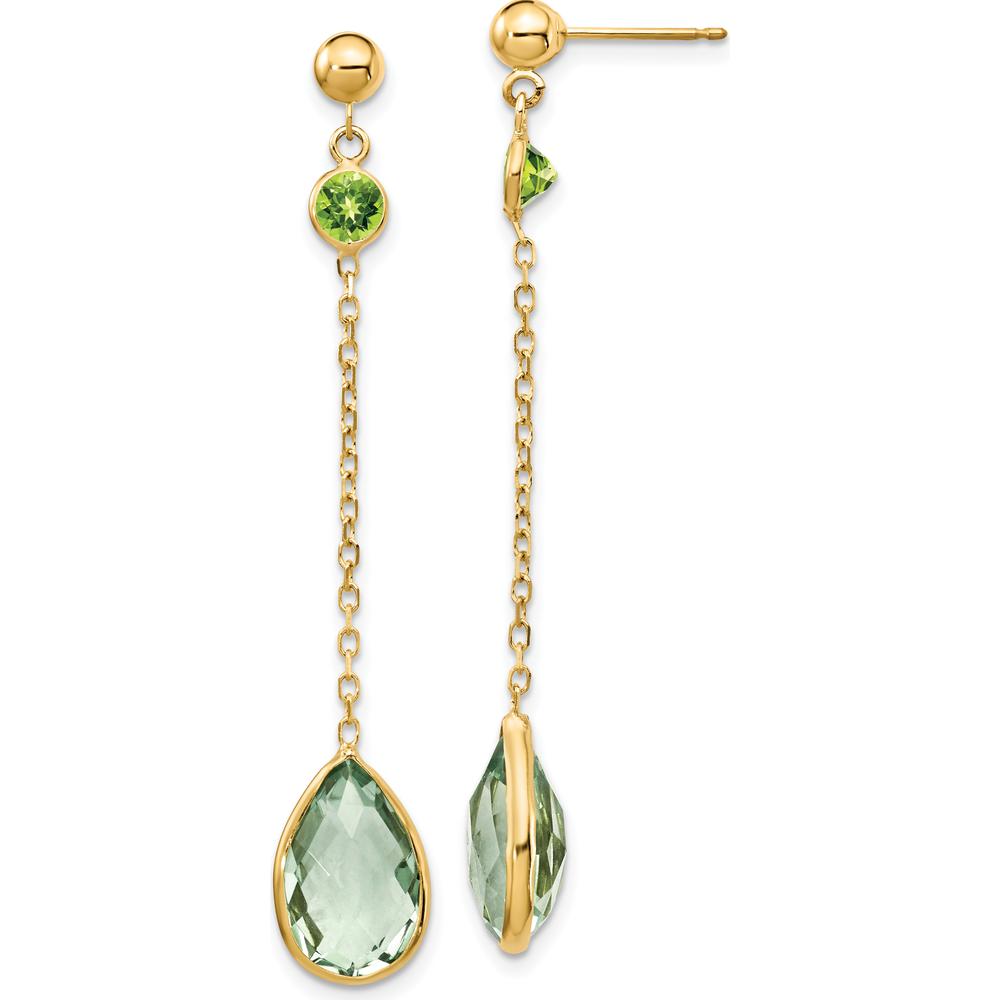 14K Yellow Gold Peridot and Green Quartz Drop Earrings - 2 x 4mm Peridot & 2 x 12x8mm Green Quartz by Monteluci Fine Jewelry