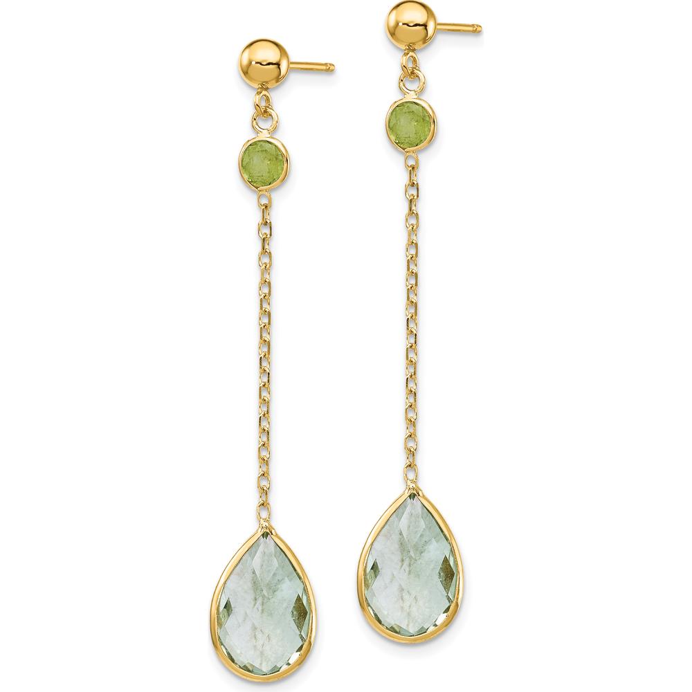 14K Yellow Gold Peridot and Green Quartz Drop Earrings - 2 x 4mm Peridot & 2 x 12x8mm Green Quartz by Monteluci Fine Jewelry