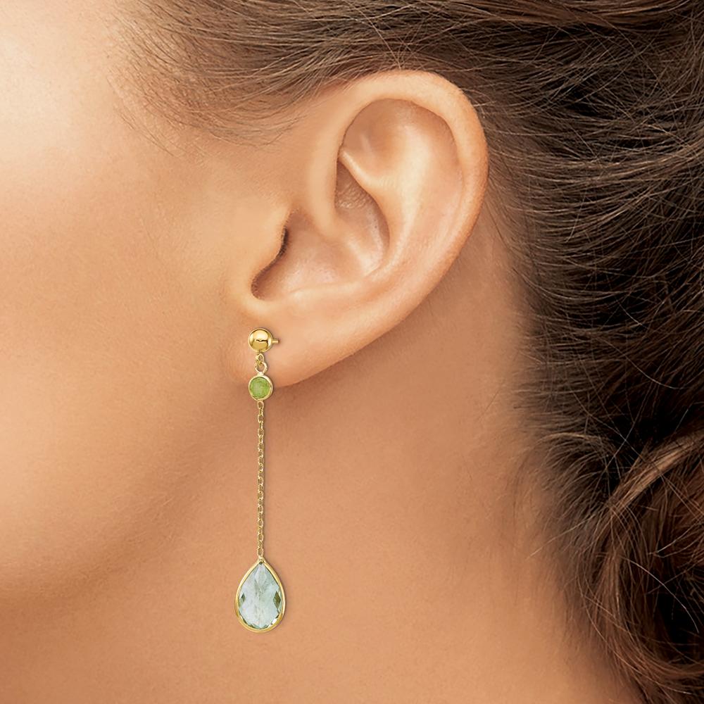 14K Yellow Gold Peridot and Green Quartz Drop Earrings - 2 x 4mm Peridot & 2 x 12x8mm Green Quartz by Monteluci Fine Jewelry