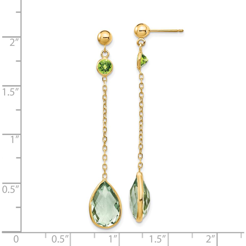 14K Yellow Gold Peridot and Green Quartz Drop Earrings - 2 x 4mm Peridot & 2 x 12x8mm Green Quartz by Monteluci Fine Jewelry