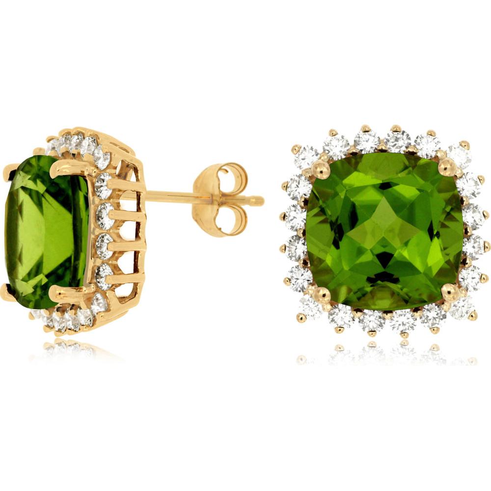 14K Yellow Gold Peridot Cushion Cut Earrings with Diamond Halo - 8.30 Carats Peridot & 0.90 Carats Diamond Total Weight