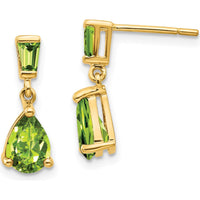 14K Yellow Gold Peridot Dangle Earrings with Pear and Baguette Stones - 1.4 Carat Total Peridot Weight by Monteluci Fine Jewelry