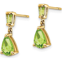 14K Yellow Gold Peridot Dangle Earrings with Pear and Baguette Stones - 1.4 Carat Total Peridot Weight by Monteluci Fine Jewelry